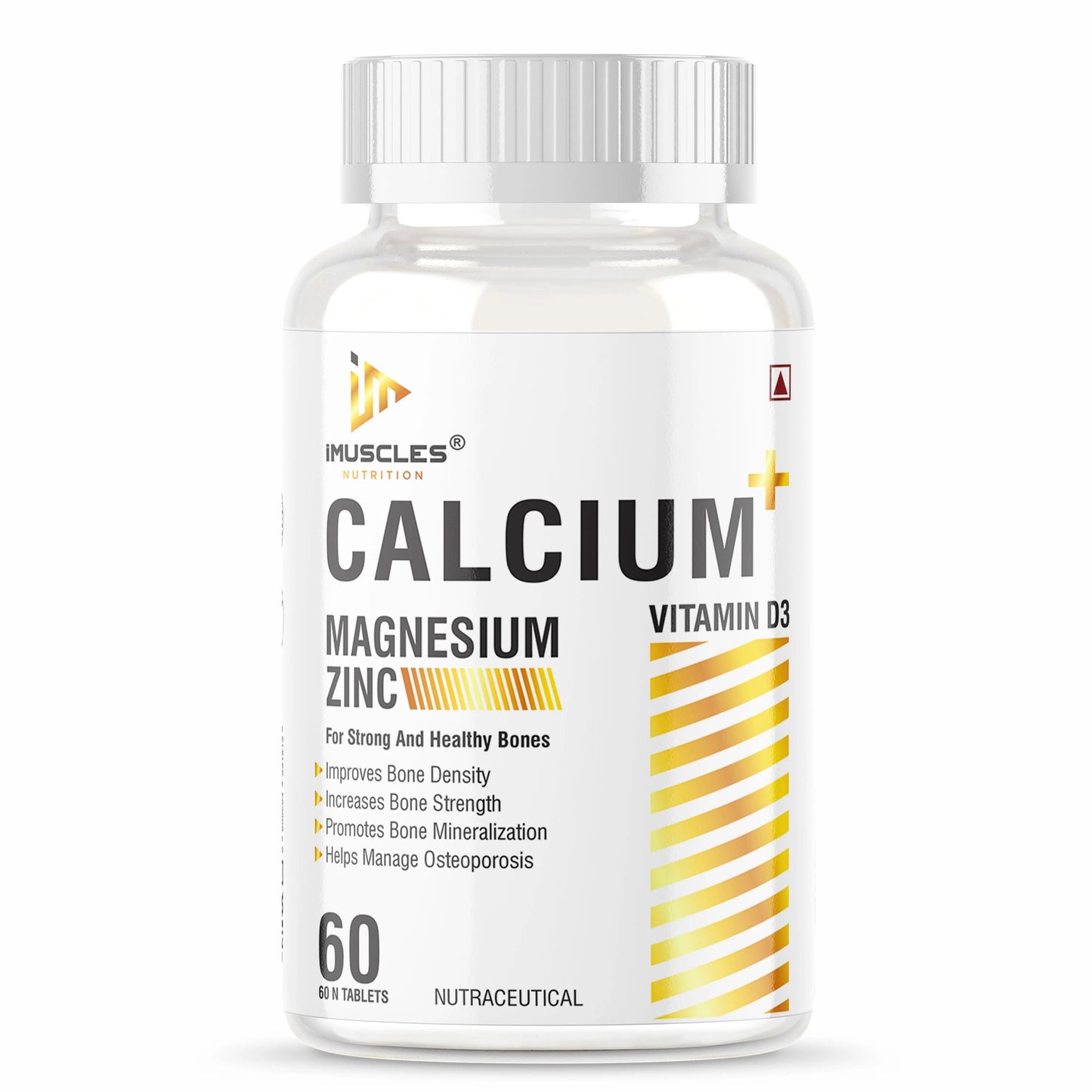 iMuscles Nutrition Calcium+ Magnesium Zinc banner with Vitamin D3. Two 60-count bottles are shown on a yellow background, one spilled with reddish-brown tablets. Features include 2X better absorption, gentle on stomach, and daily wellness support.