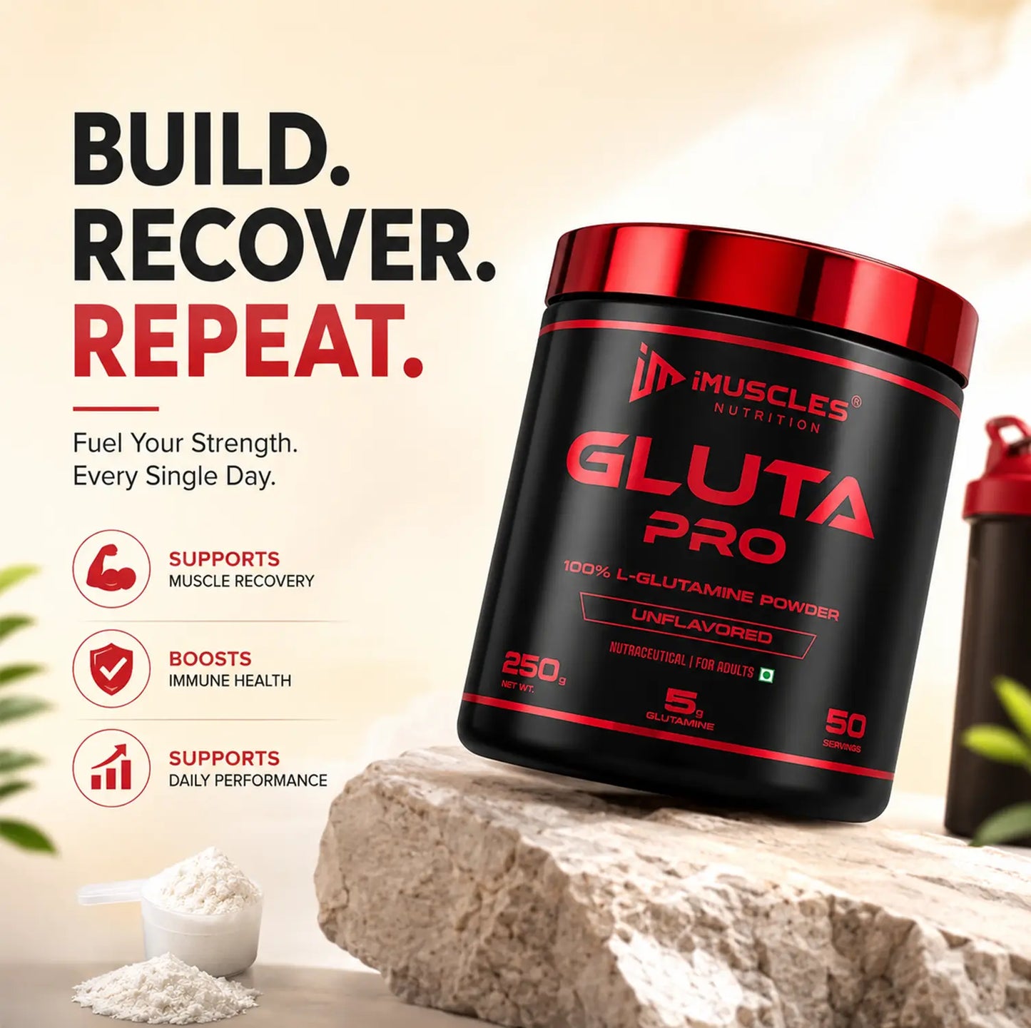 Product marketing image of 2.jpg featuring a tub of iMuscles Nutrition Gluta Pro on a rock, with text highlighting benefits like muscle recovery, immune health, and daily performance, alongside a scoop of 100% L-Glutamine unflavored powder and a shaker bottle in a natural, fitness-focused setting.