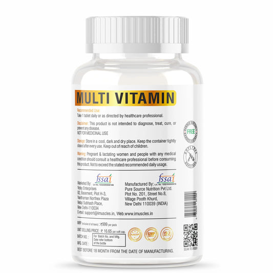iMuscles Nutrition Multivitamin Tablets banner featuring two 60-count bottles. One bottle stands upright while the other is tipped over with several reddish-brown tablets spilled out. Bold text reads "MULTIVITAMIN TABLETS" and "ADVANCE HEALTH FORMULA".