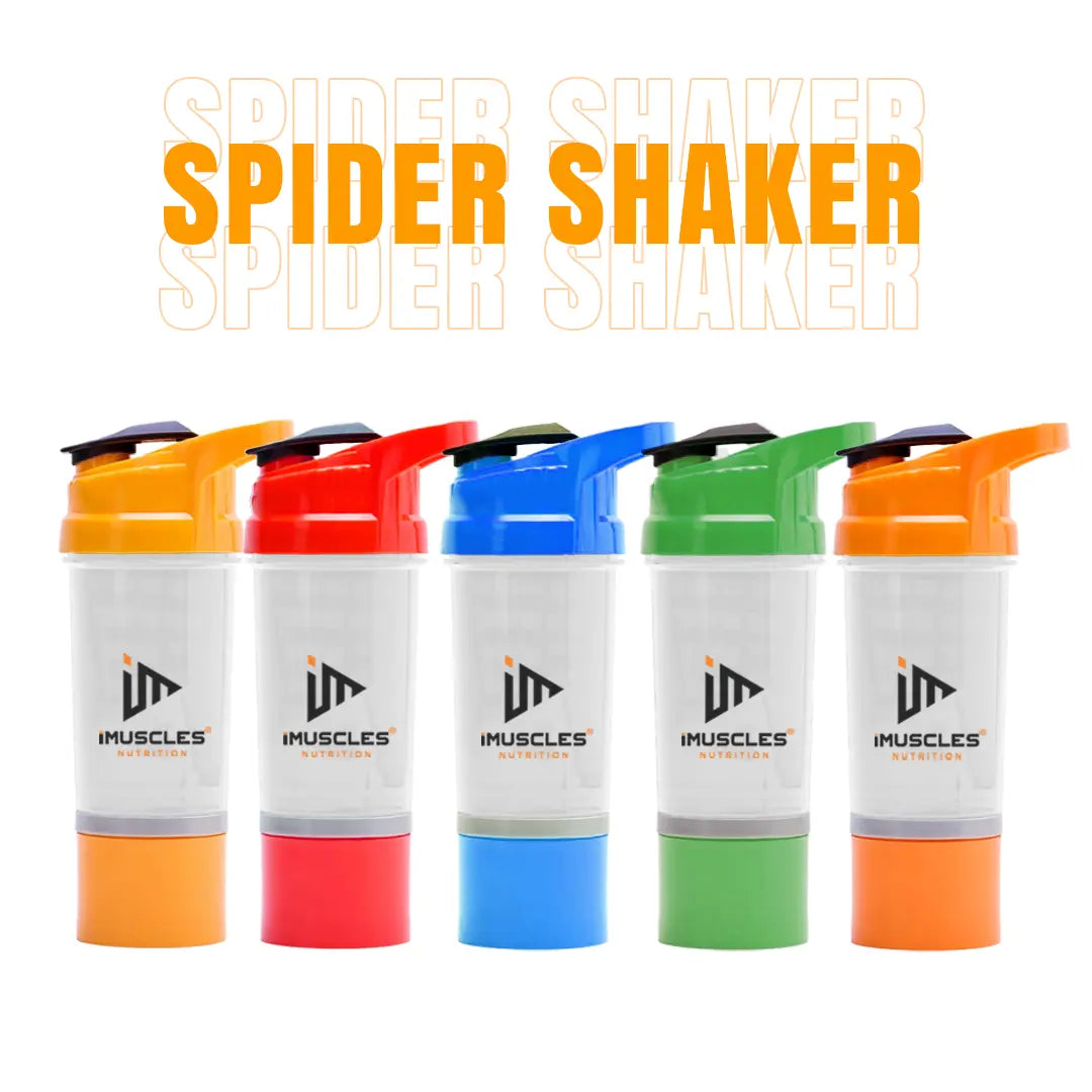An infographic titled "FEATURES" for the iMuscles Nutrition spider shaker, referenced as yellow 3.png. It shows an exploded view of the product's components: a leak-proof lid and cap, a tornado blender insert, a 600 ml jar, and a compartment for storage. Icons on the right side highlight that the shaker is BPA-free, easy to clean, a recyclable product, leakproof, and freezer safe.