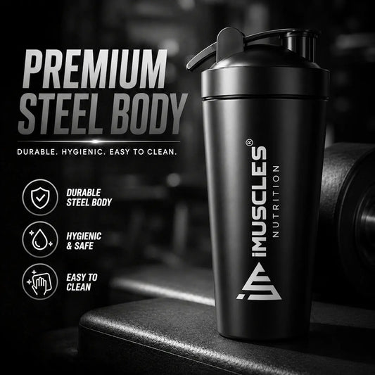 A promotional advertisement for "BLUE 1.1.jpg" featuring a premium blue steel shaker bottle from iMuscles Nutrition. The text highlights its durable, hygienic, and easy-to-clean design, showcasing it as a reliable fitness accessory for gym-goers needing a safe and high-quality container for their supplements and workout drinks.