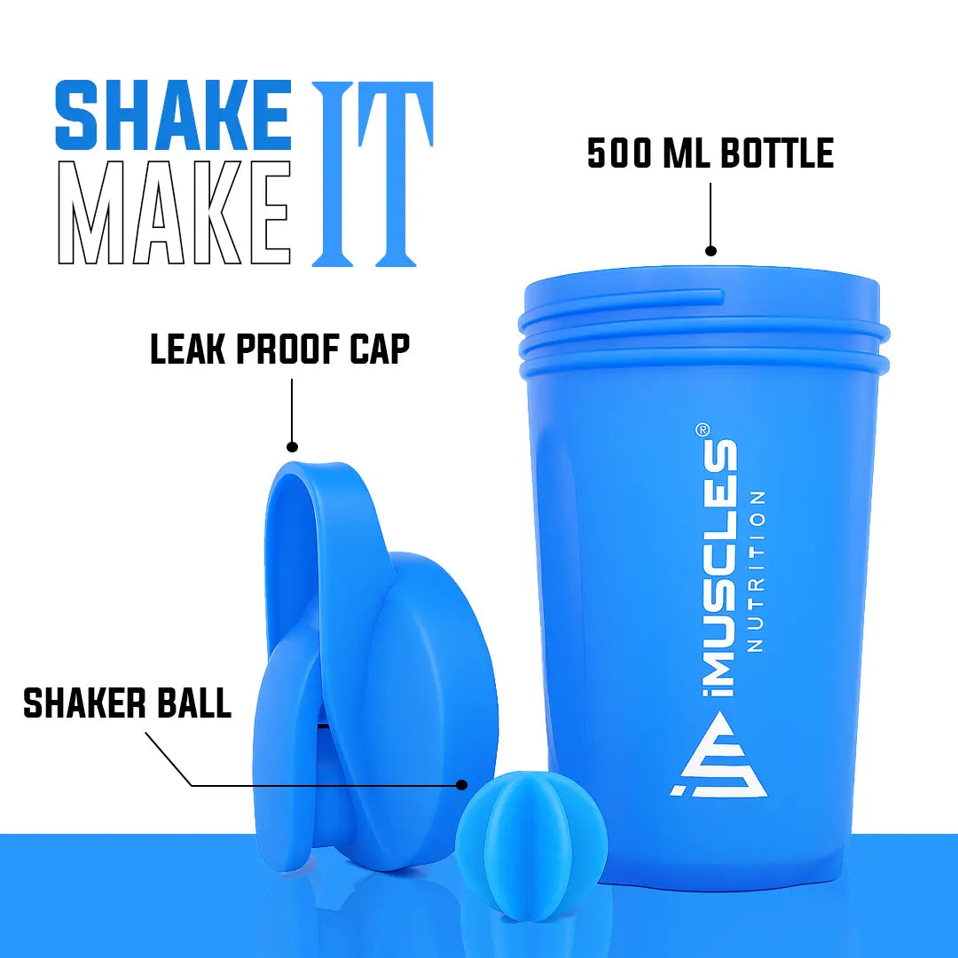 A promotional banner for the iMuscles Nutrition blue shaker bottle titled blue 1.png. On the left side, bold navy blue text on a light blue background reads "SHAKE UP SUCCEED" and "YOUR FITNESS GAME CHANGER." The right side showcases a 500 ml vibrant blue shaker bottle and a matching blue mixing ball, with labels highlighting "VERSATILITY" and "500 ML."