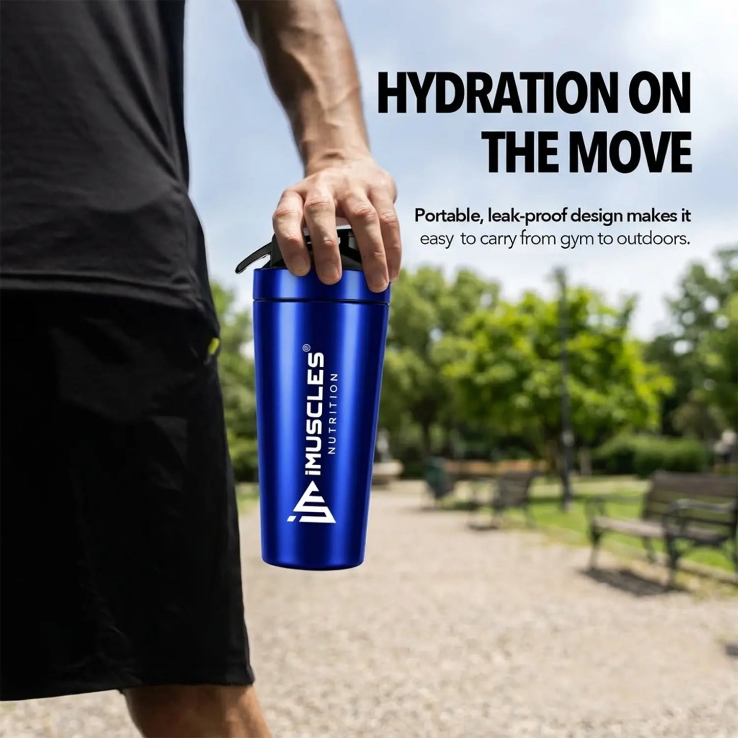 A promotional advertisement for "BLUE 1. 2.jpg" featuring a person carrying a blue iMuscles Nutrition shaker bottle in a park. Titled "Hydration on the Move," the graphic highlights the product's portable, leak-proof design, making it convenient to transport from the gym to outdoor activities.