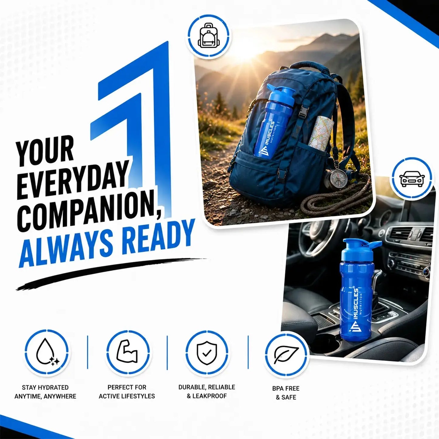 A promotional advertisement for "Blue 1.6.jpg" titled "Your Perfect Partner." It features an athlete drinking from an iMuscles Nutrition blue shaker bottle and highlights its key design elements: a comfortable, non-slip grip, a leak-proof lid and cap, and its reliability as an everyday companion for fitness and active lifestyles.