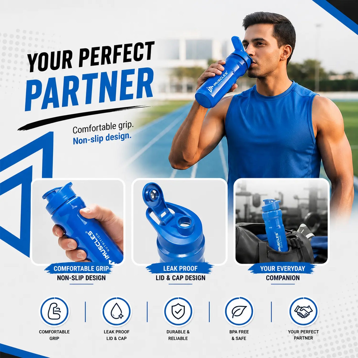 A promotional advertisement for "Blue 1.5.jpg" titled "Your Everyday Companion, Always Ready." It showcases the iMuscles Nutrition blue shaker bottle in a backpack and car cup holder, highlighting its benefits: stay hydrated anywhere, perfect for active lifestyles, durable, leakproof, and BPA-free for daily use.