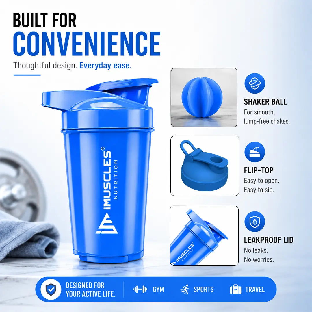 In "black 3.jpg", a black iMuscles Nutrition shaker bottle is showcased alongside close-ups of its shaker ball, flip-top lid, and leakproof design. The image highlights its convenience for gym, sports, and travel, emphasizing a durable, functional, and user-friendly design for active lifestyles in a professional, clean product presentation.