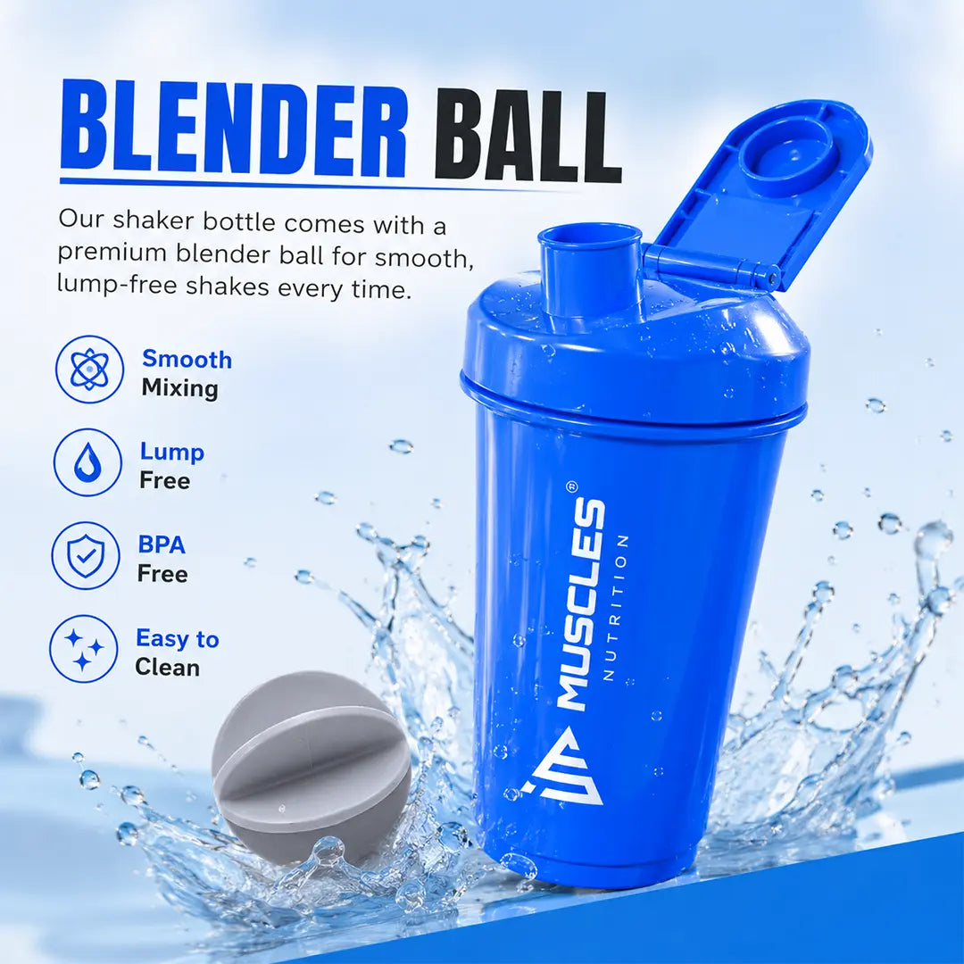 In "black 6.jpg", a black iMuscles Nutrition shaker bottle is displayed alongside a blender ball with a dynamic water splash effect. The image highlights the bottle's premium features, including smooth mixing, lump-free results, BPA-free material, and easy-to-clean design, showcasing a high-performance accessory for fitness enthusiasts.