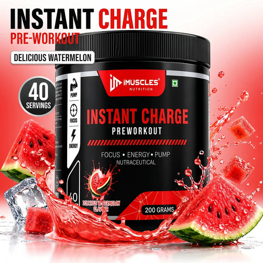 iMUSCLES NUTRITION Instant Charge pre-workout supplement 200g tub in Delicious Watermelon flavor surrounded by splashing water, ice cubes, and fresh watermelon slices.