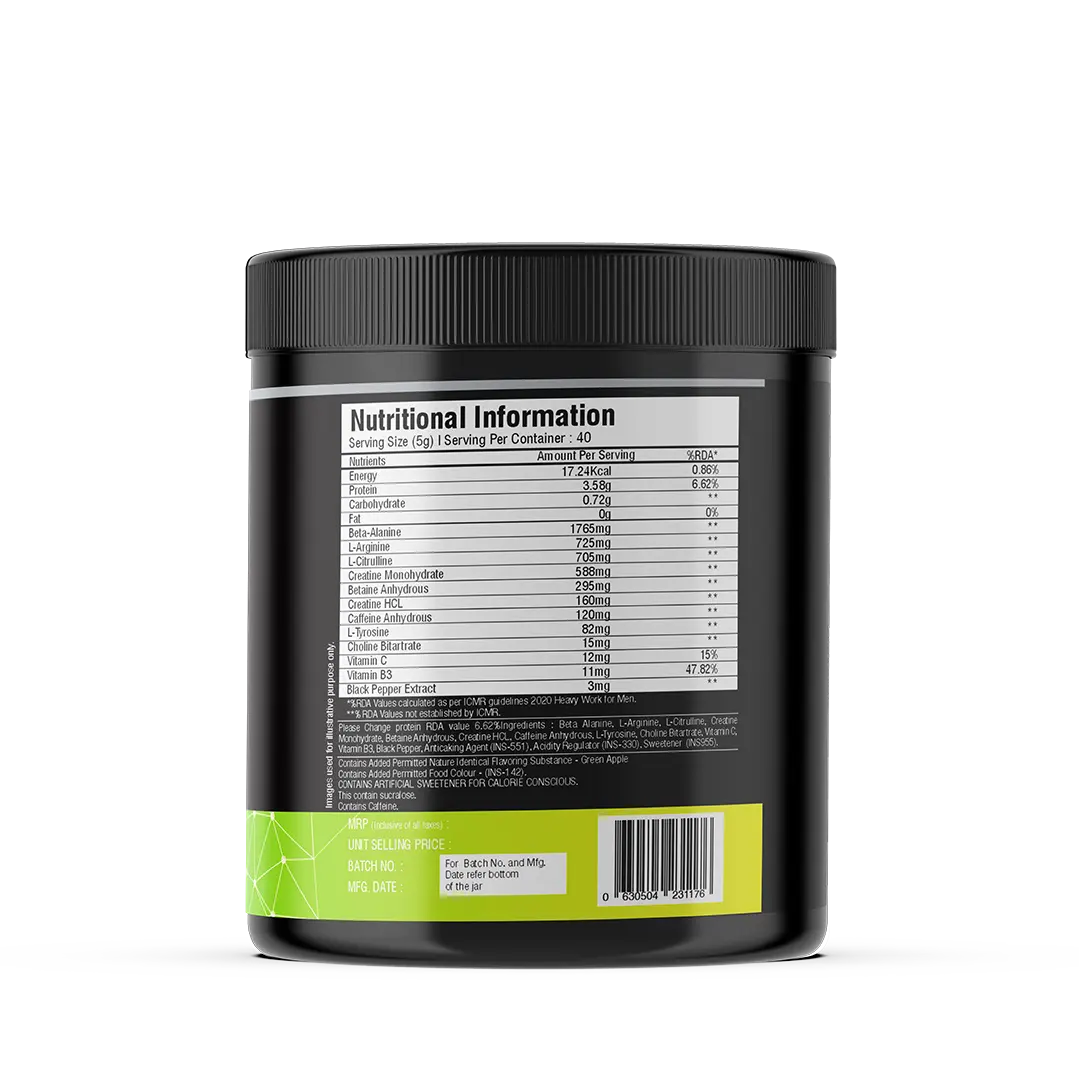 iMuscles Nutrition Instant Charge Pre-Workout supplement jar in green apple flavour with fresh apple slices and splash effect, designed to boost energy, focus, and muscle pump performance.