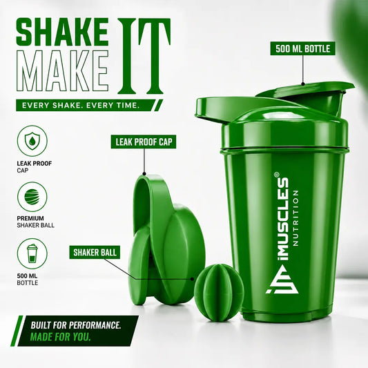 In "black 2.jpg", a black 500ml iMuscles Nutrition shaker bottle is displayed alongside its leak-proof cap and mixing ball. The design emphasizes performance and durability, featuring clean branding and highlighting the key components required for a smooth, lump-free protein shake in an professional, minimalist studio product shot.