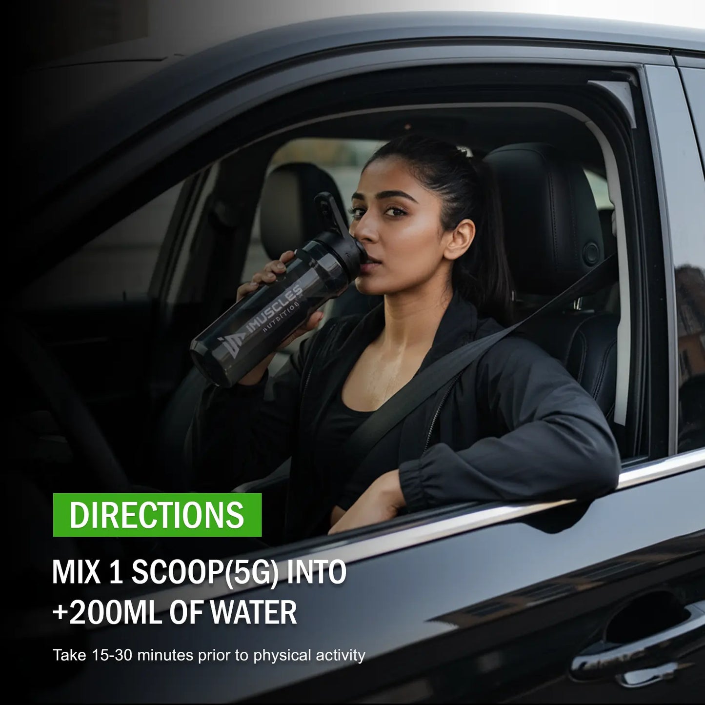 A lifestyle fitness promotional banner titled "Green Apple 6.jpg" featuring an athletic young woman sitting in the driver's seat of a black car and drinking from an iMuscles Nutrition shaker bottle. The bottom-left corner features a prominent green "DIRECTIONS" badge with text that reads: "MIX 1 SCOOP (5G) INTO +200ML OF WATER. Take 15-30 minutes prior to physical activity."