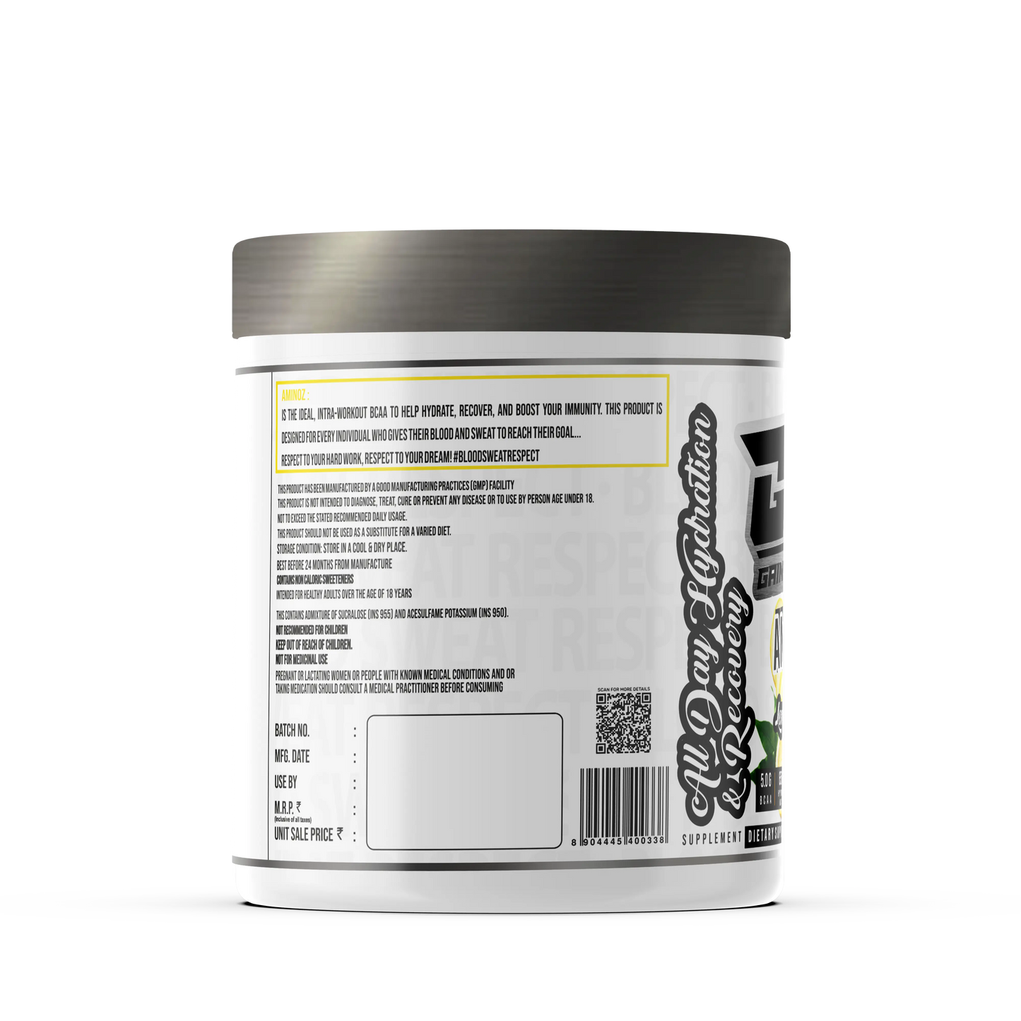 A promotional graphic for GAINZ 4 EVER AMINOZ Refreshing Watermelon Intra & Post Workout Supplement. The white 270g jar features a watermelon illustration and lists key ingredients including L-Leucine, L-Isoleucine, L-Valine, and L-Citrulline. It highlights 5.0g BCAA, 650mg Hydration Matrix, and 50% RDA Vitamin C per serving.