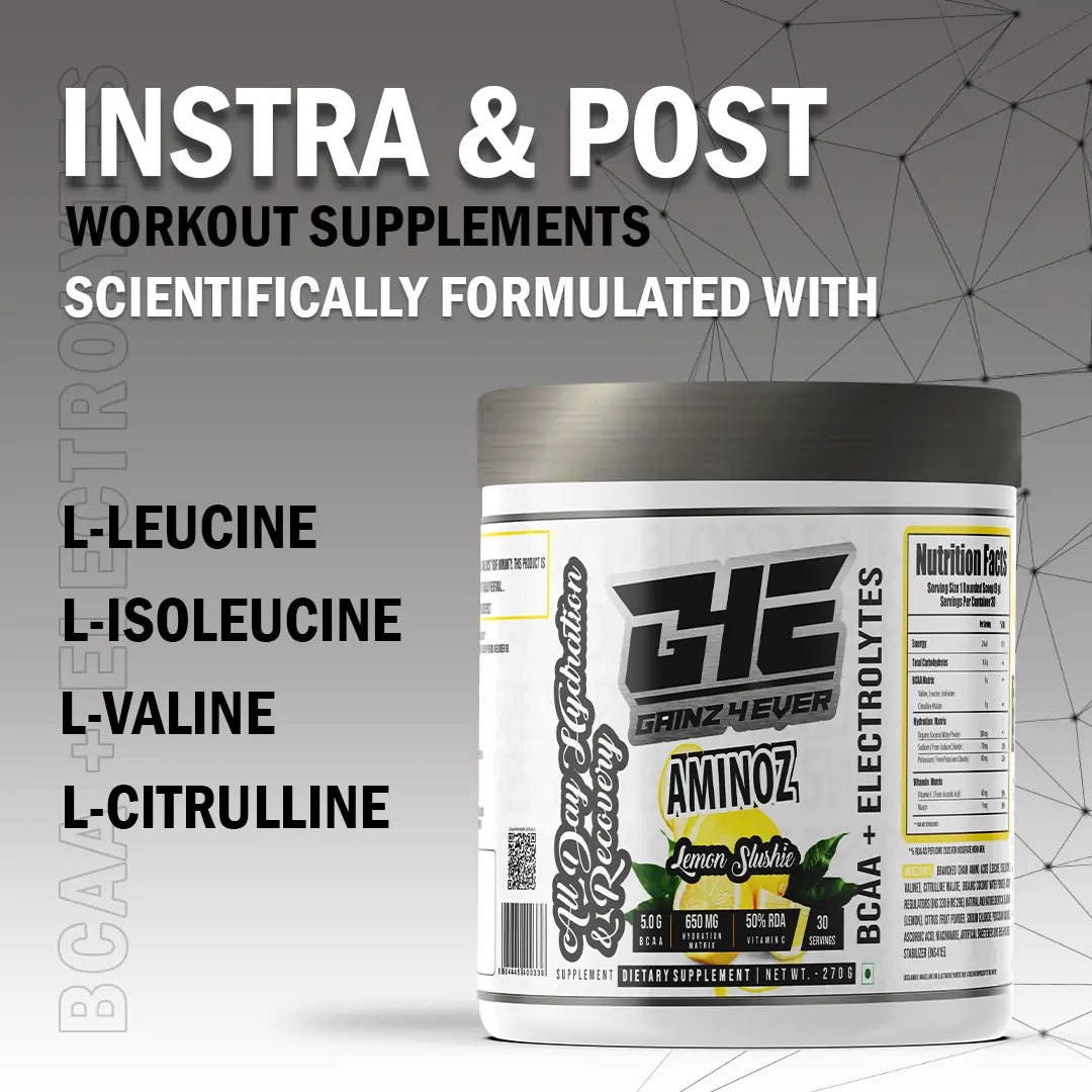 A promotional graphic for GAINZ 4 EVER AMINOZ Refreshing Watermelon Intra & Post Workout Supplement. The white 270g jar features a watermelon illustration and lists key ingredients including L-Leucine, L-Isoleucine, L-Valine, and L-Citrulline. It highlights 5.0g BCAA, 650mg Hydration Matrix, and 50% RDA Vitamin C per serving.