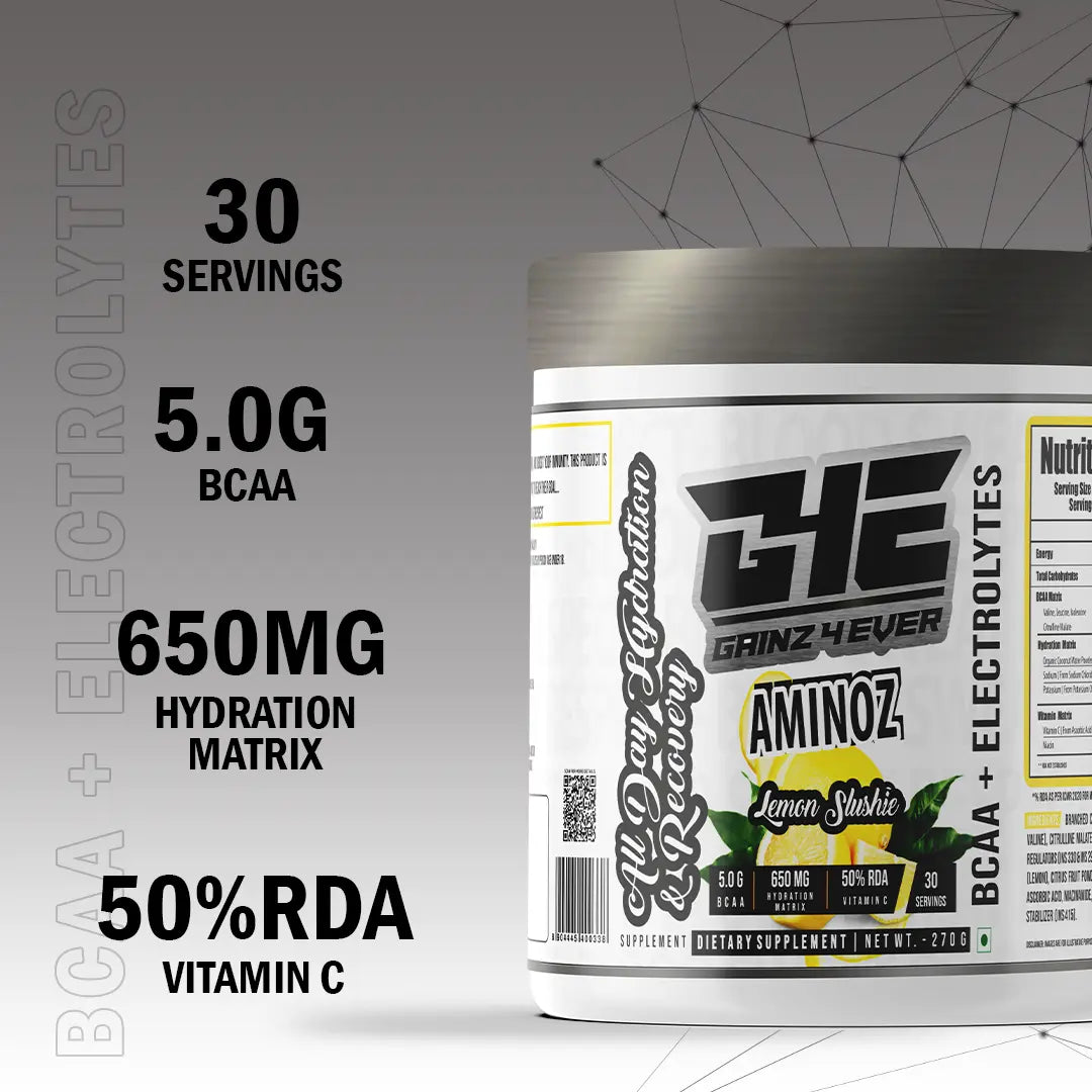 A promotional graphic for GAINZ 4 EVER AMINOZ Refreshing Watermelon Intra & Post Workout Supplement. The white 270g jar features a watermelon illustration and lists key ingredients including L-Leucine, L-Isoleucine, L-Valine, and L-Citrulline. It highlights 5.0g BCAA, 650mg Hydration Matrix, and 50% RDA Vitamin C per serving.