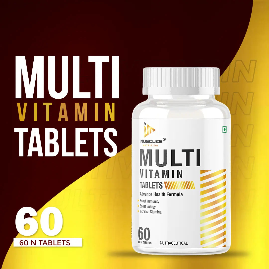 iMuscles Nutrition Multivitamin Tablets banner featuring two 60-count bottles. One bottle stands upright while the other is tipped over with several reddish-brown tablets spilled out. Bold text reads "MULTIVITAMIN TABLETS" and "ADVANCE HEALTH FORMULA".