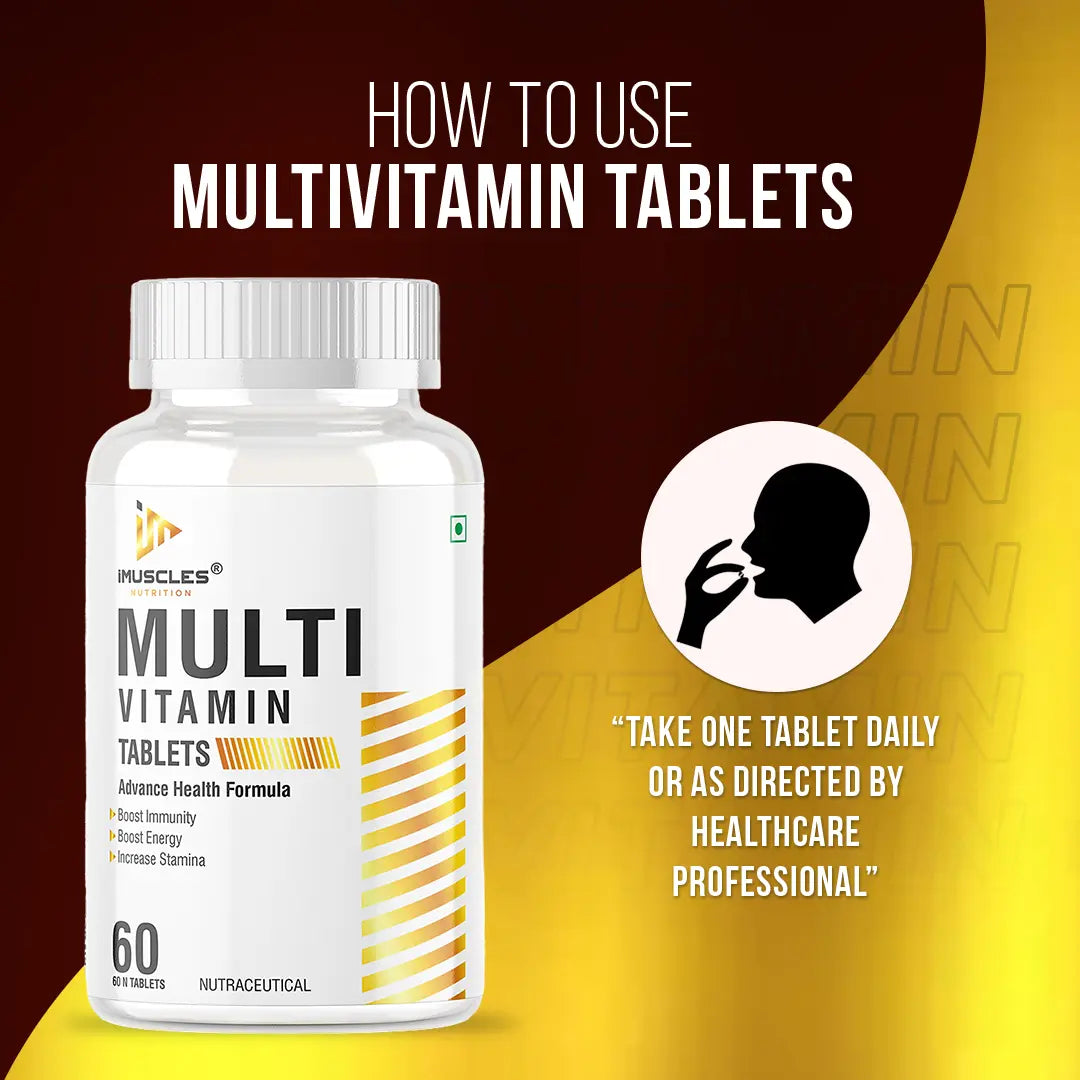 iMuscles Nutrition Multivitamin Tablets banner featuring two 60-count bottles. One bottle stands upright while the other is tipped over with several reddish-brown tablets spilled out. Bold text reads "MULTIVITAMIN TABLETS" and "ADVANCE HEALTH FORMULA".