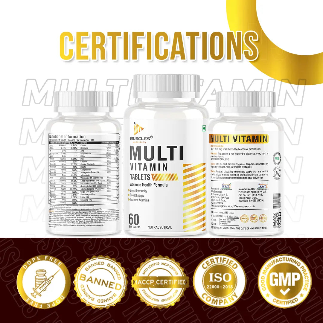 iMuscles Nutrition Multivitamin Tablets banner featuring two 60-count bottles. One bottle stands upright while the other is tipped over with several reddish-brown tablets spilled out. Bold text reads "MULTIVITAMIN TABLETS" and "ADVANCE HEALTH FORMULA".