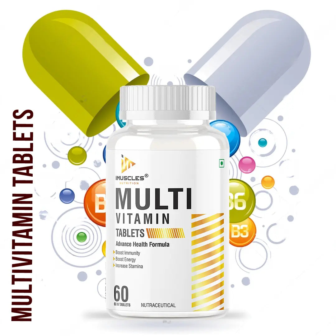 iMuscles Nutrition Multivitamin Tablets banner featuring two 60-count bottles. One bottle stands upright while the other is tipped over with several reddish-brown tablets spilled out. Bold text reads "MULTIVITAMIN TABLETS" and "ADVANCE HEALTH FORMULA".