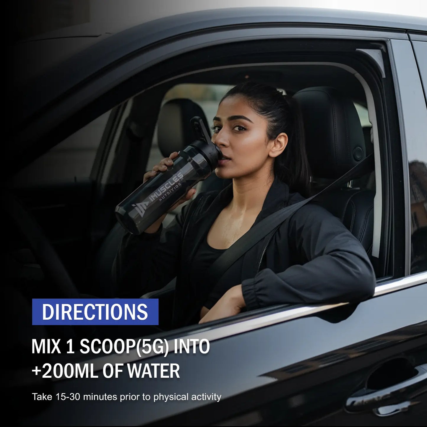 A square digital promotional image titled "Mix Berries 6.jpg" featuring a fit woman sitting in a car and drinking from an iMuscles Nutrition shaker bottle. The text reads "DIRECTIONS: MIX 1 SCOOP(5G) INTO +200ML OF WATER. Take 15-30 minutes prior to physical activity."