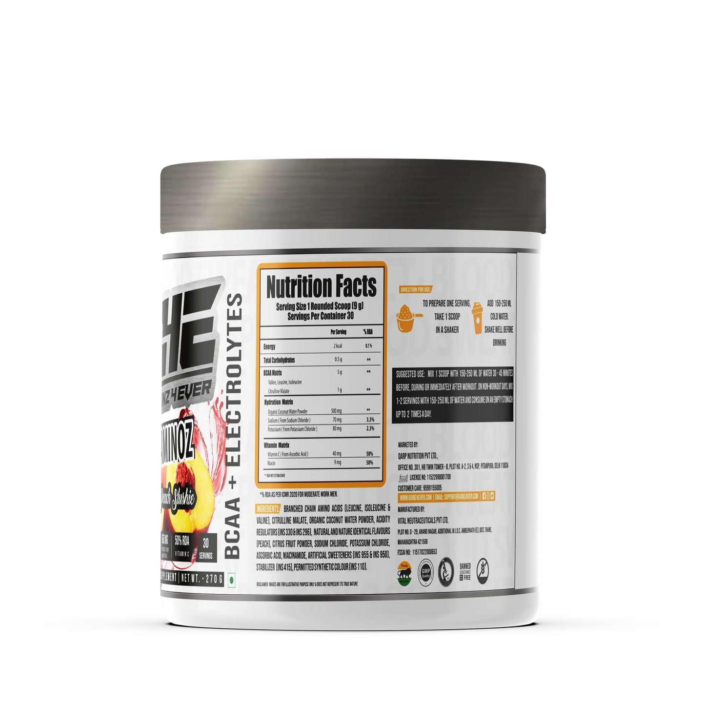 Promotional graphic for GAINZ 4 EVER AMINOZ Peach Slushie flavor. The white 270g supplement jar is centered against a background of dynamic yellow and orange liquid splashes and fresh peach slices with green leaves. The label prominently features "BCAA + ELECTROLYTES" and "All Day Hydration & Recovery" with callouts for 5.0g BCAA, 650mg Hydration Matrix, and 50% RDA Vitamin C.