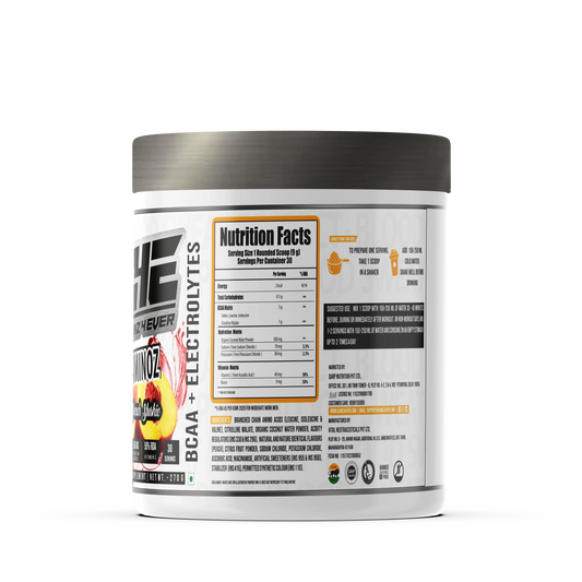 Promotional graphic for GAINZ 4 EVER AMINOZ Peach Slushie flavor. The white 270g supplement jar is centered against a background of dynamic yellow and orange liquid splashes and fresh peach slices with green leaves. The label prominently features "BCAA + ELECTROLYTES" and "All Day Hydration & Recovery" with callouts for 5.0g BCAA, 650mg Hydration Matrix, and 50% RDA Vitamin C.