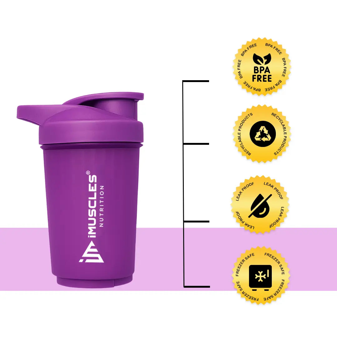 A promotional banner for the iMuscles Nutrition green shaker bottle. On the left, bold dark green text on a light green background reads "SHAKE UP SUCCEED" and "YOUR FITNESS GAME CHANGER". The right side features a 500 ml lime green shaker bottle and a matching green mixing ball, labeled with "VERSATILITY" and "500 ML