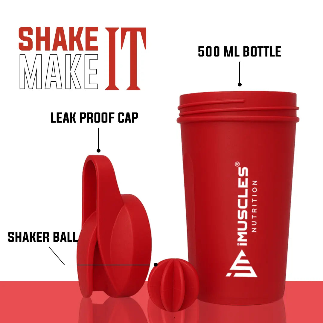 A promotional banner for the iMuscles Nutrition red shaker bottle. The left side features bold dark red text on a light pink background that reads "SHAKE UP SUCCEED" and "YOUR FITNESS GAME CHANGER." The right side displays a 500 ml red shaker bottle and a matching red mixing ball, with labels for "VERSATILITY" and "500 ML."