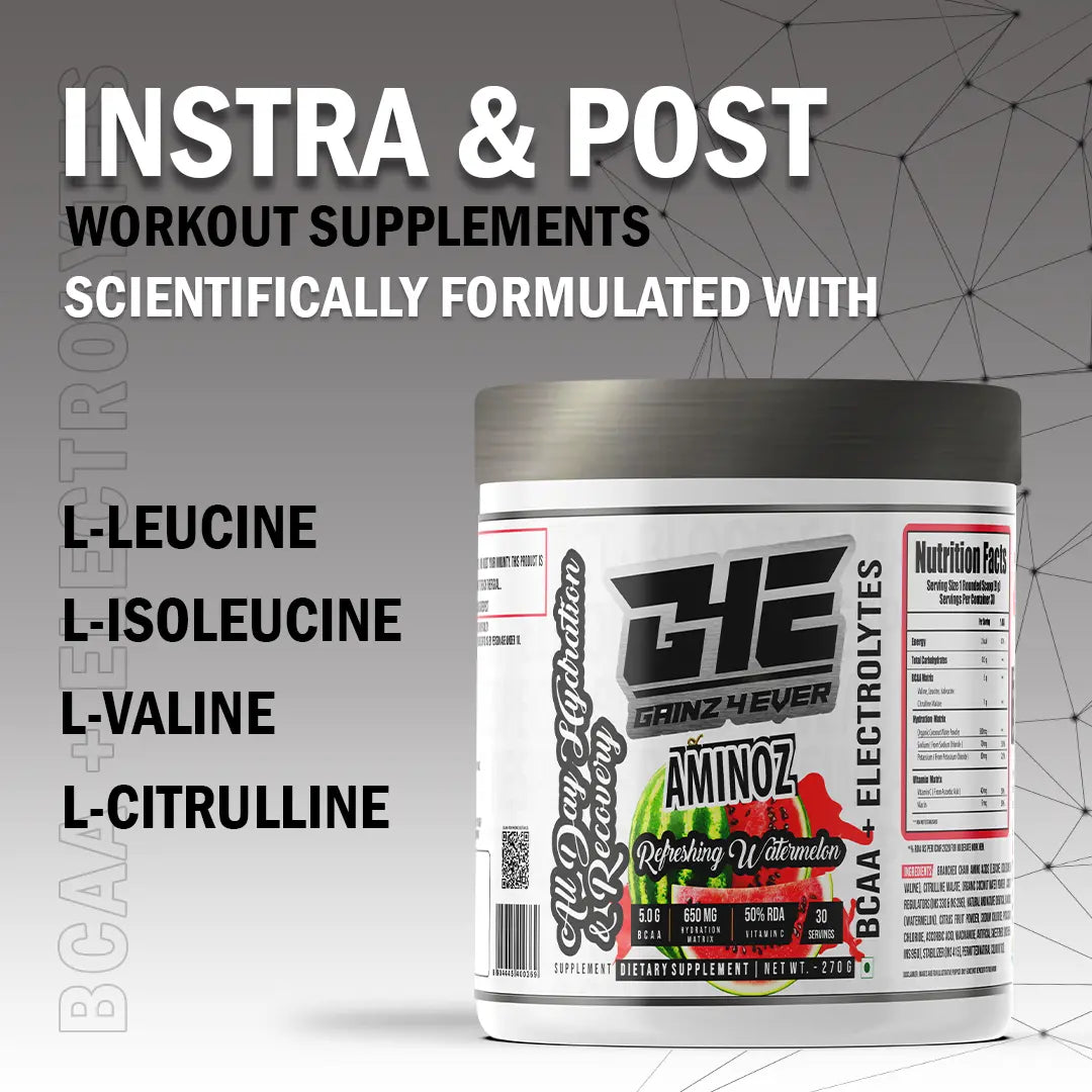 A promotional graphic for GAINZ 4 EVER AMINOZ Refreshing Watermelon Intra & Post Workout Supplement. The white 270g jar features a watermelon illustration and lists key ingredients including L-Leucine, L-Isoleucine, L-Valine, and L-Citrulline. It highlights 5.0g BCAA, 650mg Hydration Matrix, and 50% RDA Vitamin C per serving.