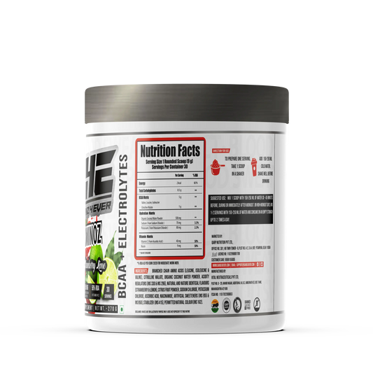 A promotional graphic for GAINZ 4 EVER AMINOZ Strawberry Lime Intra & Post Workout Supplement. The white 270g jar is featured prominently, highlighting its scientifically formulated ingredients: L-Leucine, L-Isoleucine, L-Valine, and L-Citrulline. Key benefits include 5.0g BCAA, 650mg Hydration Matrix, and 50% RDA Vitamin C per serving.