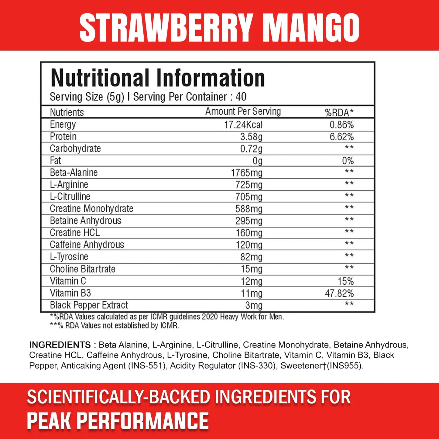 A square digital promotional image titled "Strawberry Mango 5.jpg" presenting a supplement facts chart against a clean white background. The graphic features a bold red header banner reading "STRAWBERRY MANGO" and a matching red footer banner reading "SCIENTIFICALLY-BACKED INGREDIENTS FOR PEAK PERFORMANCE". The central box displays a comprehensive "Nutritional Information" label detailing the serving size, servings per container, nutrients, amounts per serving, and RDA percentages, followed below by a full