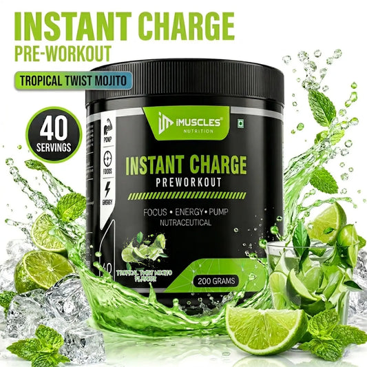 A dynamic product advertisement graphic for iMuscles Nutrition "INSTANT CHARGE" pre-workout in Tropical Twist Mojito flavour. The black 200g jar is surrounded by fresh lime slices, mint leaves, crushed ice cubes, and an energetic green liquid splash, with a badge reading "40 SERVINGS" on the left.