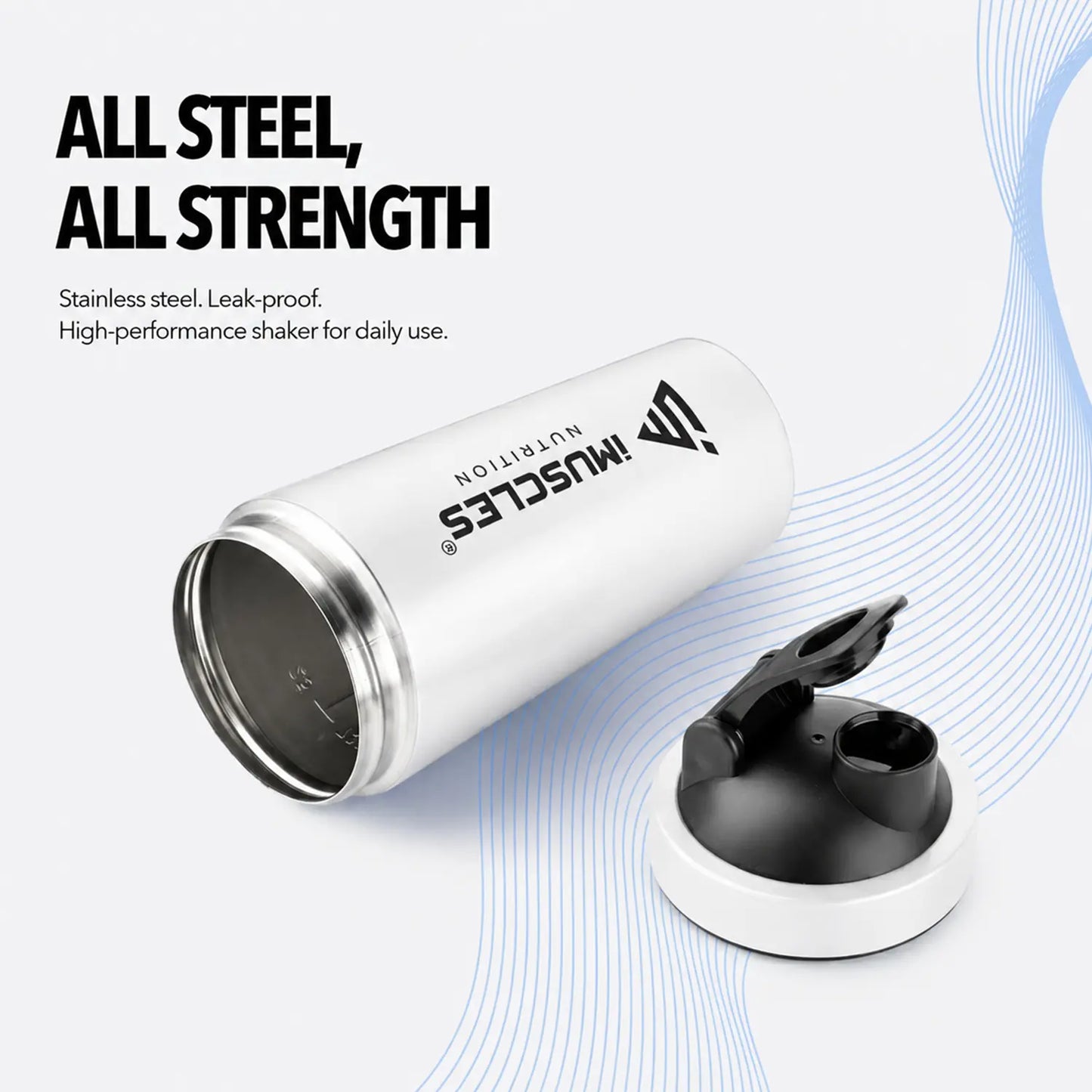 A promotional advertisement for "BLUE 1. 5.jpg" featuring a blue iMuscles Nutrition stainless steel shaker bottle with its lid open. The graphic, titled "All Steel, All Strength," emphasizes its leak-proof, high-performance design, highlighting the durability and strength required for daily use by athletes and fitness enthusiasts.