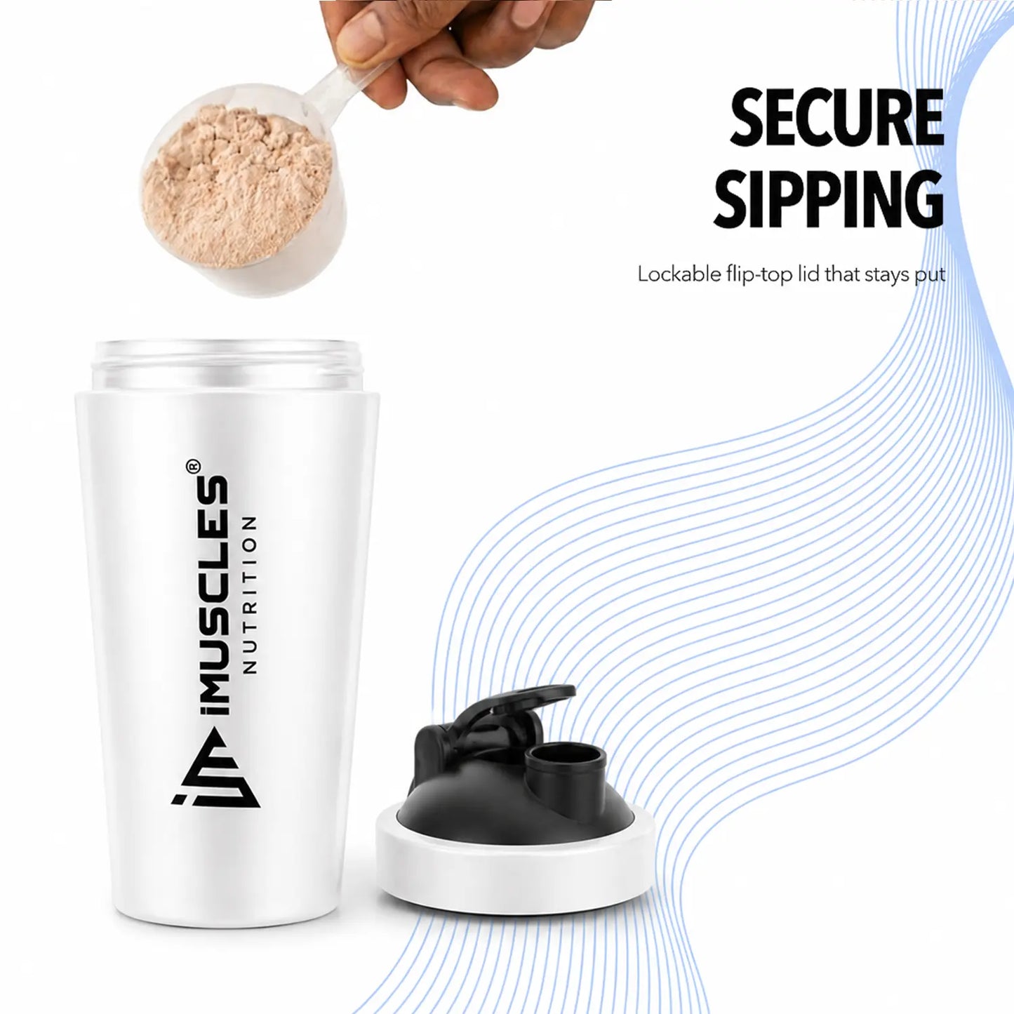A promotional graphic for "BLUE 1. 6.jpg" showcasing a blue iMuscles Nutrition shaker bottle being filled with protein powder. The image highlights the "Secure Sipping" feature, featuring a lockable flip-top lid that stays firmly in place during use, ensuring a mess-free experience for athletes and gym-goers.