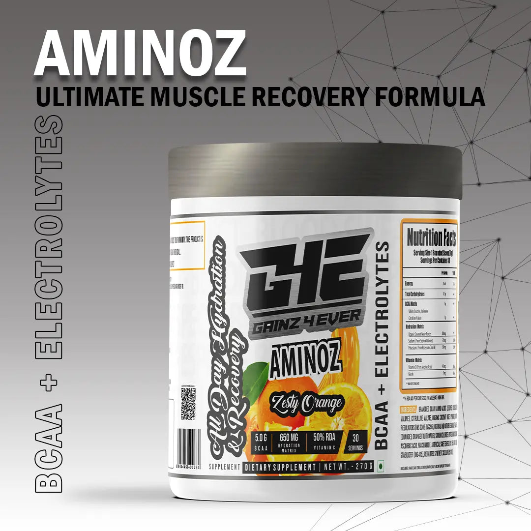 Promotional graphic for GAINZ 4 EVER AMINOZ Zesty Orange flavor. The white 270g supplement jar is centered against a background of dynamic orange liquid splashes and fresh orange slices. The label highlights "BCAA + ELECTROLYTES" and "All Day Hydration & Recovery" with callouts for 5.0g BCAA, 650mg Hydration Matrix, and 50% RDA Vitamin C.