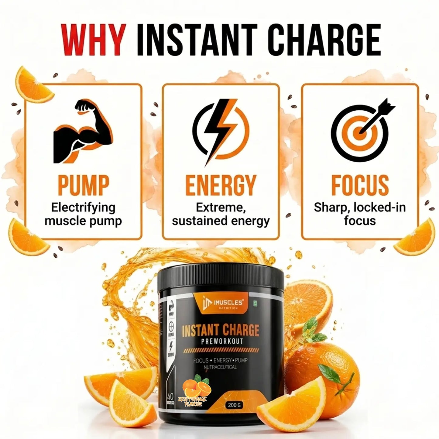 A promotional graphic titled "Zesty Orange 9.jpg" highlighting the benefits of iMuscles Nutrition Instant Charge pre-workout. The image features icons for "PUMP" (electrifying muscle pump), "ENERGY" (extreme, sustained energy), and "FOCUS" (sharp, locked-in focus), displayed above the supplement jar surrounded by fresh oranges and citrus splashes.