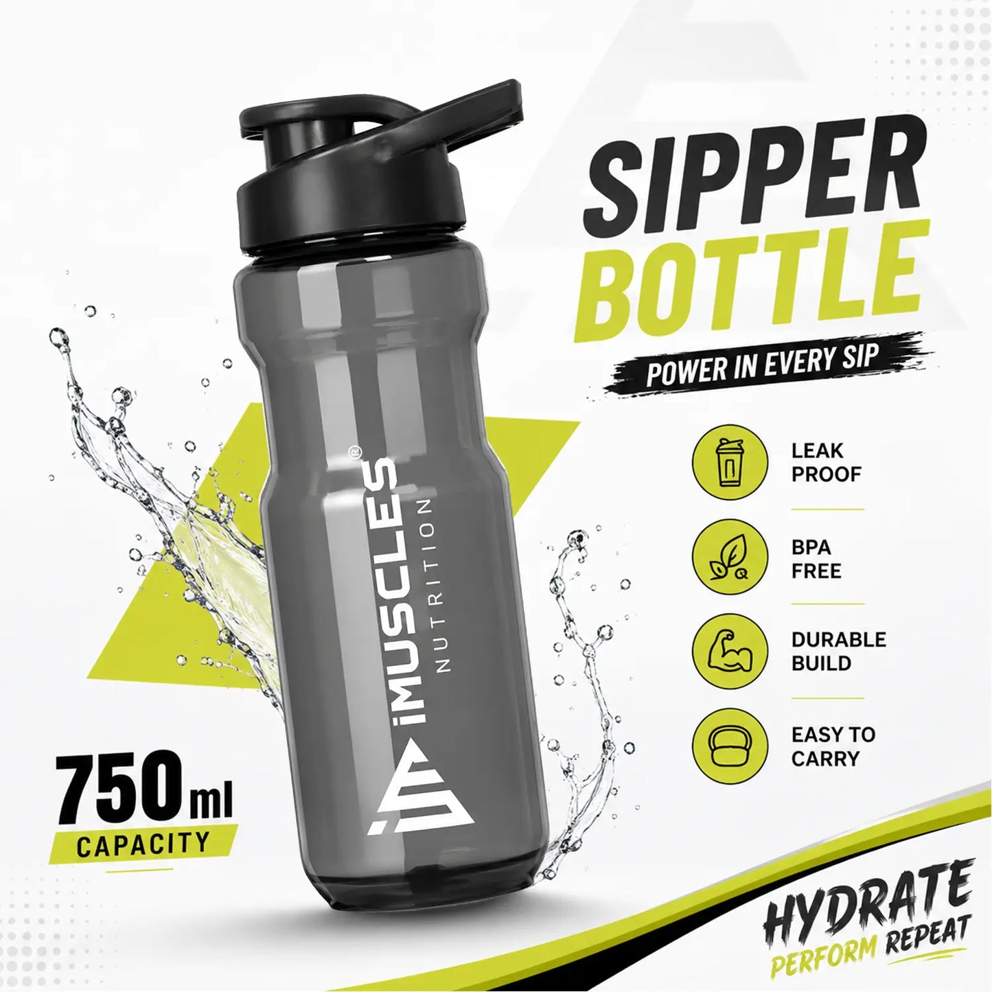 A promotional advertisement for "Blue 1.2.jpg" showcasing a 750ml blue iMuscles Nutrition sipper bottle. The graphic emphasizes its key features: leak-proof, BPA-free, durable build, and easy to carry, positioning it as an essential tool for hydration, performance, and daily fitness routines.