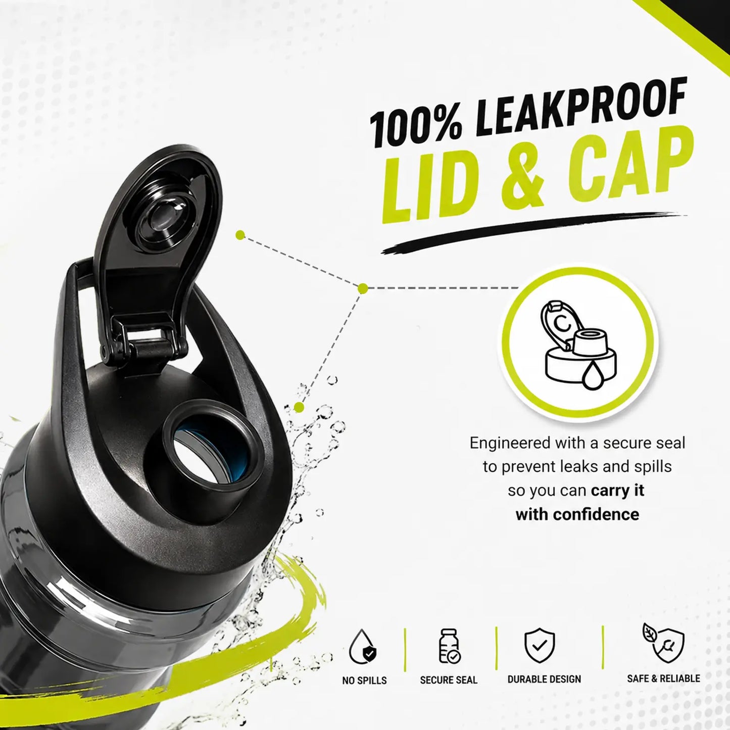 A promotional graphic for Blue 1.4.jpg highlighting the 100% leakproof lid and cap design. The image showcases the secure seal engineered to prevent leaks and spills, offering a durable, safe, and reliable solution for carrying your beverages with confidence.