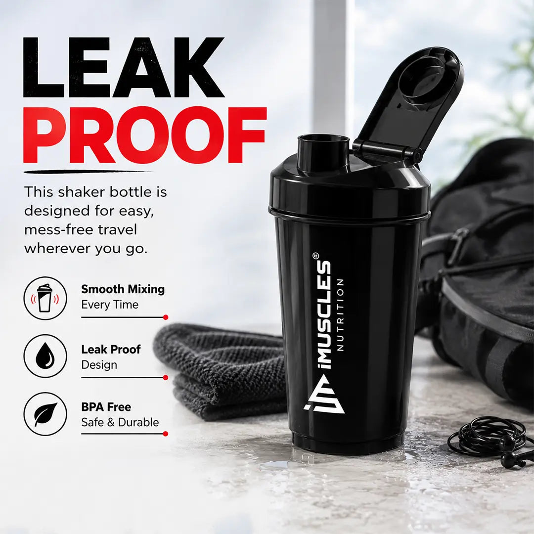 In "black 5.jpg", a black iMuscles Nutrition shaker bottle is featured with its lid open, set against a gym bag and towel. The design highlights its leakproof, BPA-free, and smooth mixing capabilities, positioning it as a durable, mess-free, and essential accessory for travel and active fitness lifestyles.