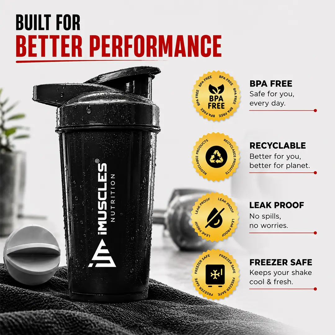 In "black 7.jpg", a black iMuscles Nutrition shaker bottle is displayed on a towel, highlighting its premium performance features. The image emphasizes key benefits, including BPA-free construction, recyclable materials, a leak-proof design, and freezer safety, presenting an essential, high-quality accessory for modern fitness enthusiasts and supplement users.