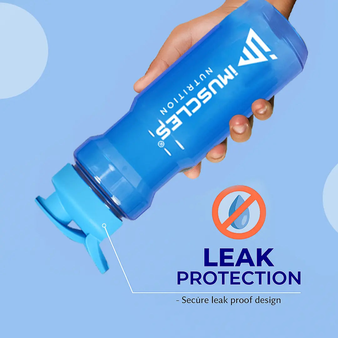 A promotional graphic for the iMuscles Nutrition water bottle, referenced as blue The image features a sleek, dark gray translucent bottle with a black lid on the left. To the right of the bottle, five circular icons highlight its features: BPA Free, Recyclable Product, Easy to Clean, Leakproof, and Freezer Safe. The right side of the banner contains bold text that reads "DESIGNED FOR EVERYDAY USE."