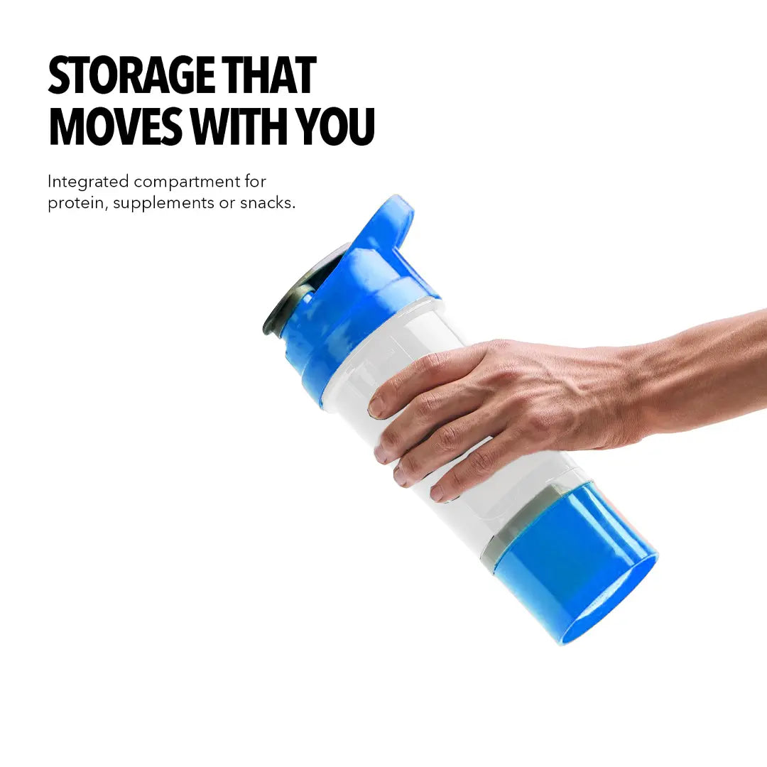 An infographic labeled "FEATURES" detailing the components of an iMuscles Nutrition shaker bottle, referenced as BLUE 3.png. The graphic shows an exploded view including a leak-proof lid and cap, a tornado blender insert, a 600 ml jar, and a compartment for storage. Circular icons on the right highlight that the product is BPA-free, easy to clean, recyclable, leakproof, and freezer safe.