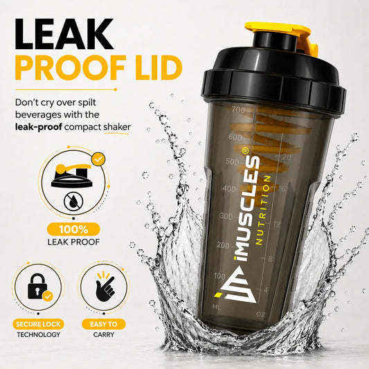 Alt Text: An advertisement image titled "YOUR PERFECT WORKOUT PARTNER," showcasing a black and clear iMuscles Nutrition shaker bottle next to dumbbells and a gym towel. Features highlighted include a leak-proof design, ergonomic carry loop, round base for stability, and ease of blending for perfect shakes.