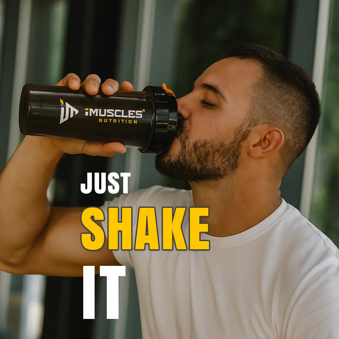 A promotional banner for iMuscles Nutrition, referenced as 7.1.jpg. The left side features bold text reading "LOVED AND RECOMMENDED BY THOUSANDS" followed by the tagline "Fuel Your Fitness. Shake Smarter With iMuscles." The right side shows a collage of lifestyle settings, with the central focus on a sleek, dark translucent iMuscles shaker bottle resting on a gym bench. Other background elements include a home office setup and a yoga mat with a bowl of fruit.