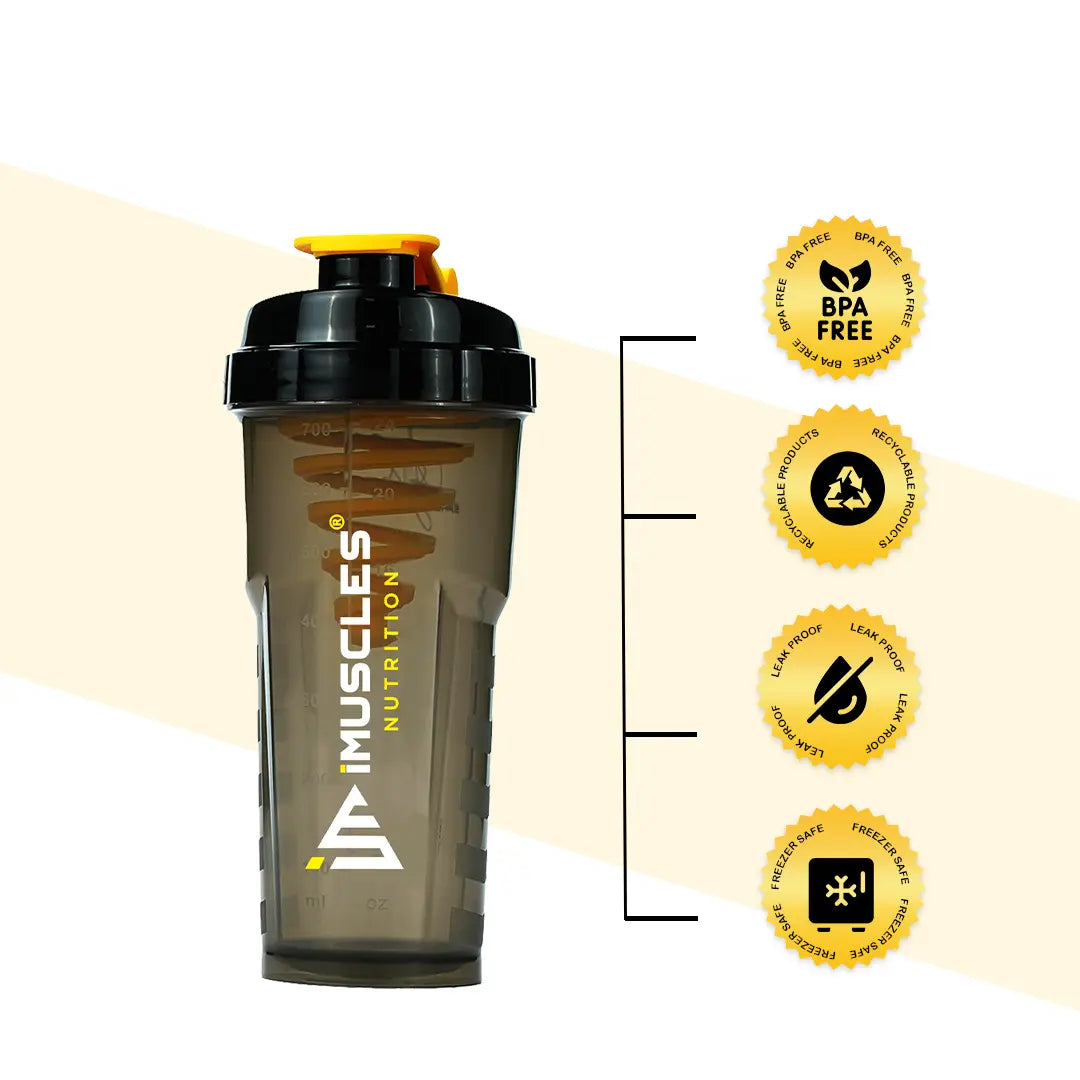 A promotional banner for iMuscles Nutrition, referenced as 7.1.jpg. The left side features bold text reading "LOVED AND RECOMMENDED BY THOUSANDS" followed by the tagline "Fuel Your Fitness. Shake Smarter With iMuscles." The right side shows a collage of lifestyle settings, with the central focus on a sleek, dark translucent iMuscles shaker bottle resting on a gym bench. Other background elements include a home office setup and a yoga mat with a bowl of fruit.