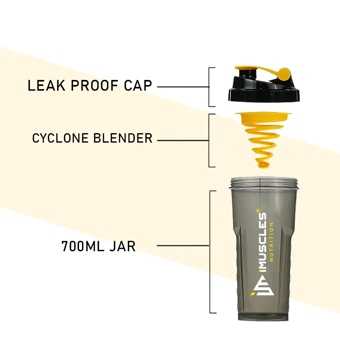 A promotional banner for iMuscles Nutrition, referenced as 7.1.jpg. The left side features bold text reading "LOVED AND RECOMMENDED BY THOUSANDS" followed by the tagline "Fuel Your Fitness. Shake Smarter With iMuscles." The right side shows a collage of lifestyle settings, with the central focus on a sleek, dark translucent iMuscles shaker bottle resting on a gym bench. Other background elements include a home office setup and a yoga mat with a bowl of fruit.