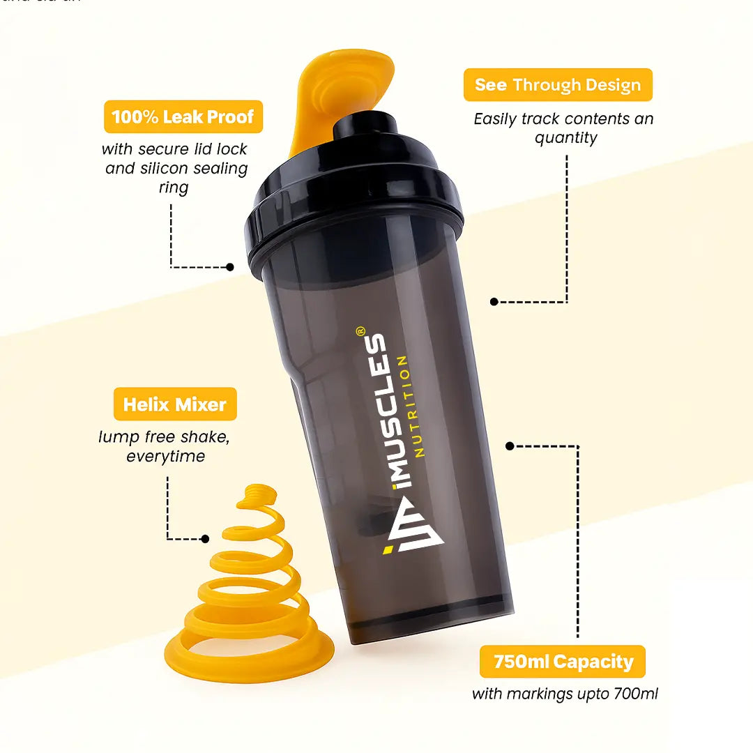 A promotional banner for iMuscles Nutrition, referenced as 7.1.jpg. The left side features bold text reading "LOVED AND RECOMMENDED BY THOUSANDS" followed by the tagline "Fuel Your Fitness. Shake Smarter With iMuscles." The right side shows a collage of lifestyle settings, with the central focus on a sleek, dark translucent iMuscles shaker bottle resting on a gym bench. Other background elements include a home office setup and a yoga mat with a bowl of fruit.