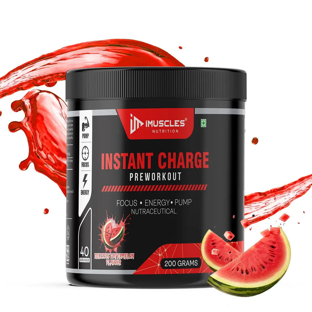 iMuscles Nutrition Instant Charge Preworkout jar in Delicious Watermelon flavor. The black 200g container features red branding and is surrounded by dynamic red liquid splashes and fresh watermelon slices with ice cubes on a white background.