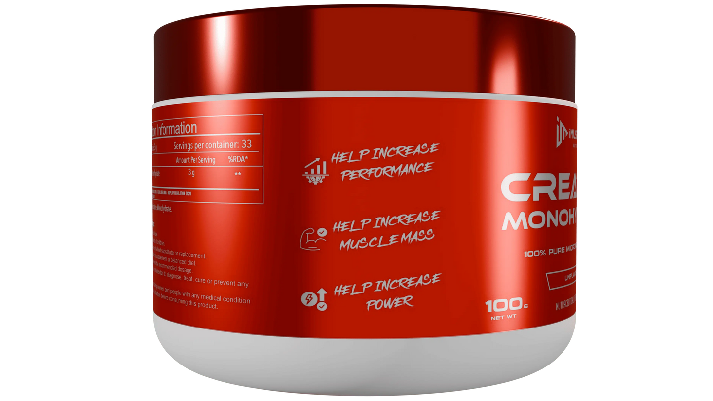 Micronised Creatine Monohydrate container featuring benefits to help increase performance, with steel shaker included to buy creatine monohydrate with shaker.