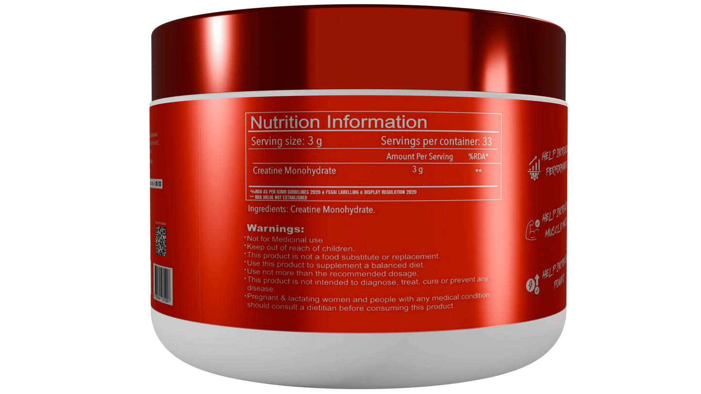 Micronised Creatine Monohydrate tub with nutrition facts for athletes. Buy creatine monohydrate with shaker.