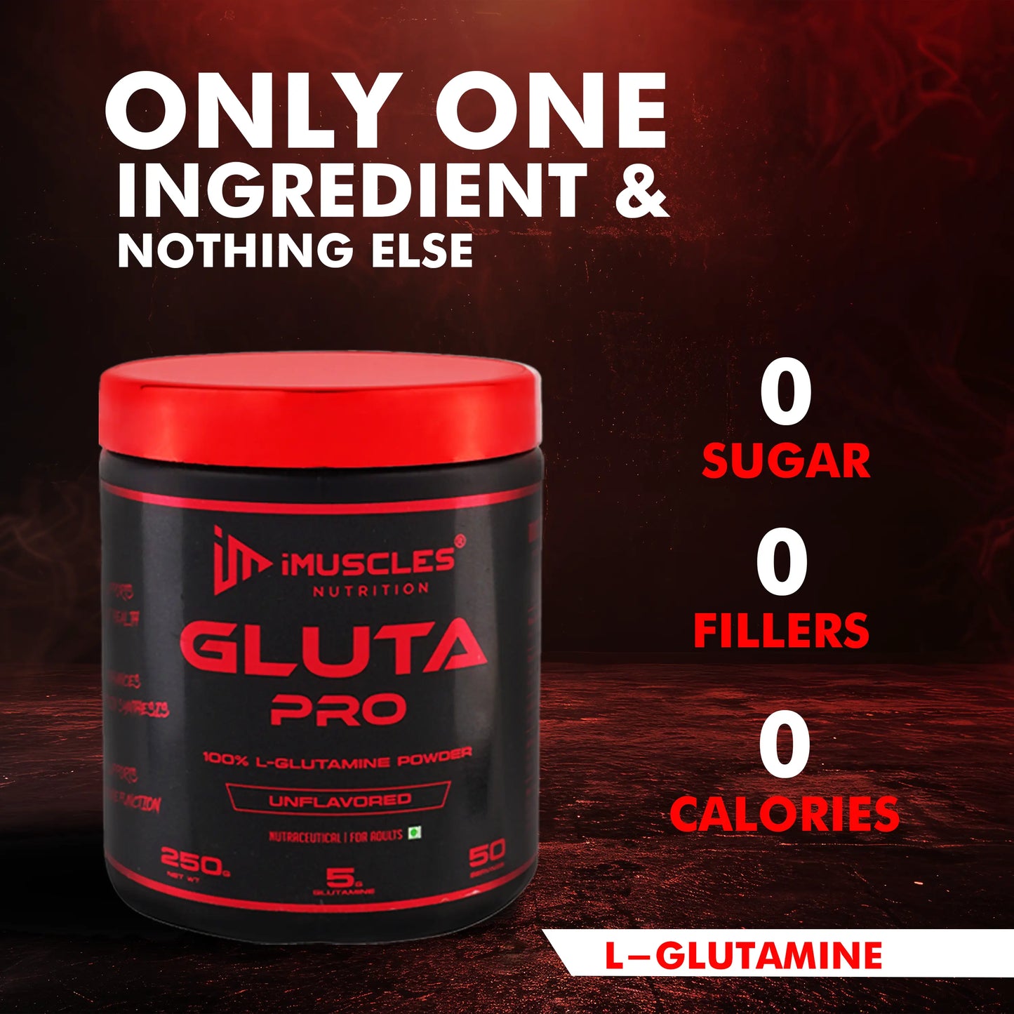 iMuscles Nutrition banner for Gluta Pro, a high-strength 100% L-Glutamine powder. The image shows a hand holding a 250g black and red tub against a dark textured background. Text highlights muscle recovery, immunity support, and gut health benefits.